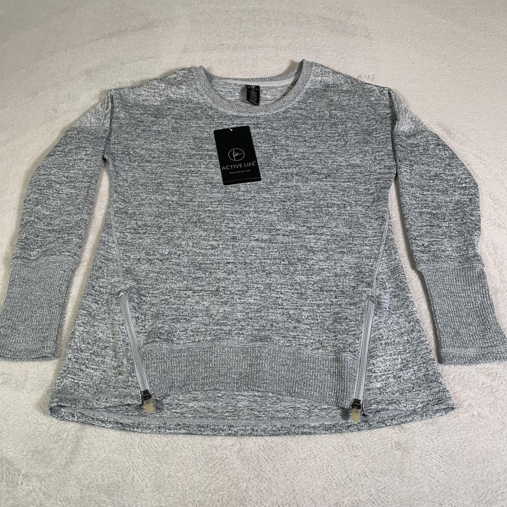Active Life Sweatshirt Womens Large Heather Gray Crew Pullover Zip Pockets NEW